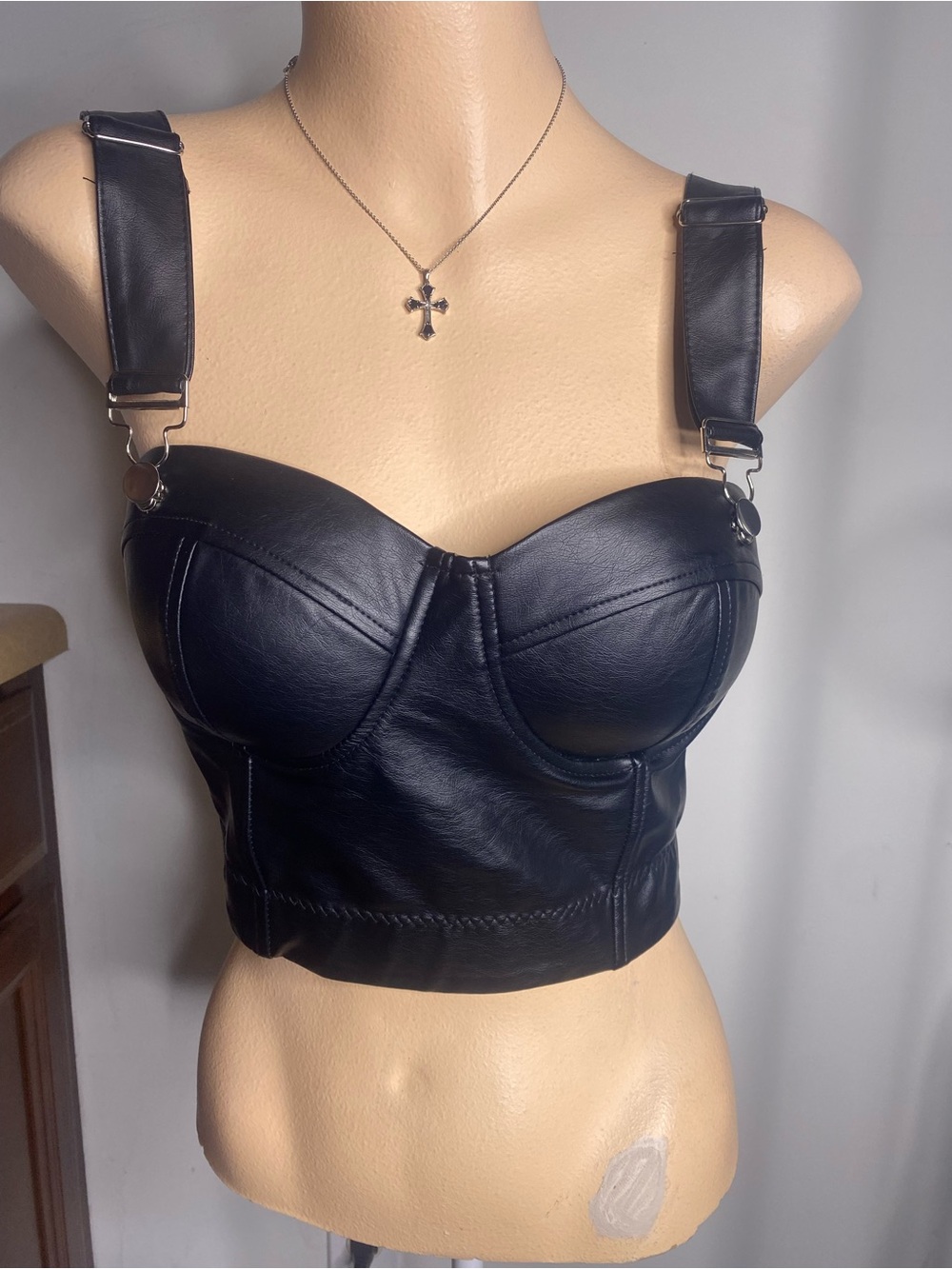 Kendall & Kylie Black Faux Leather Bustier Crop Top